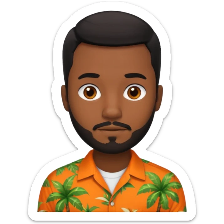 create an emoji of a man but with very very short black hair, dark skin, dark brown eyes and a short beard and an orange and tropical shirt with short sleeves sticker