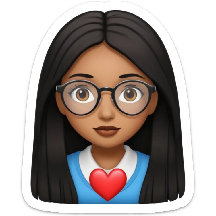 a brown girl with black straight long hair with thick long lashes and with glasses and has heart eyes sticker
