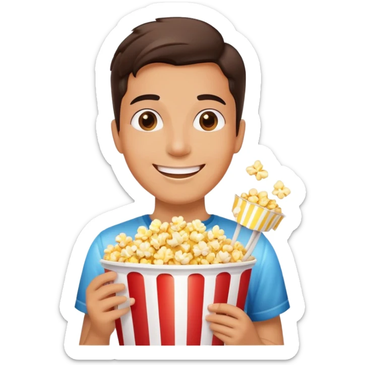 Person watching a movie with a happy face, holding popcorn bucket, cinema lights reflected on face sticker