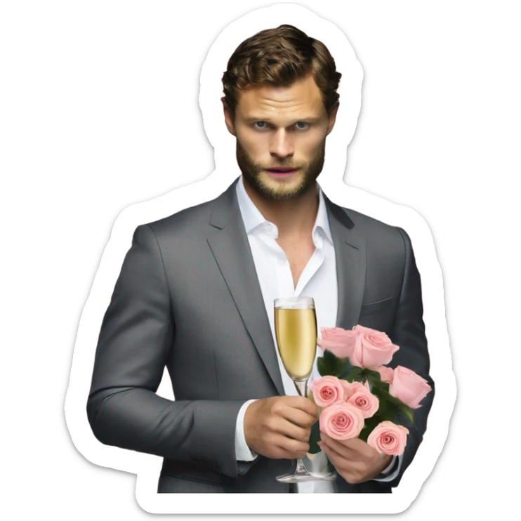 Photo of Jamie Dornan as Mr Grey holding roses and champagne  sticker