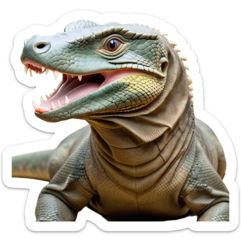 Cinematic Realistic Cute Yawning Komodo Dragon Portrait Emoji, Head tilted slightly with a dramatic, wide-open yawn, showcasing a soft, rugged scaled hide with subtly drooping features and half-closed, drowsy eyes rendered in authentic detail, high shine, relaxed yet expressive, styled with a dash of natural desert charm, soft glowing outline, capturing the essence of a sleepy yet affectionate Komodo dragon that appears ready to stretch out for a deep, restful nap! sticker