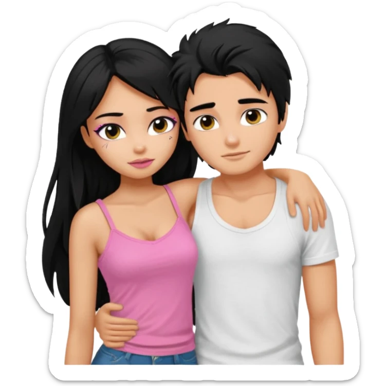 generate a pretty tan bratz boy with messy black hair wearing a white tshirt. Hugging a fair girl with long black hair, eyeliner, wearing a pink cami.  sticker