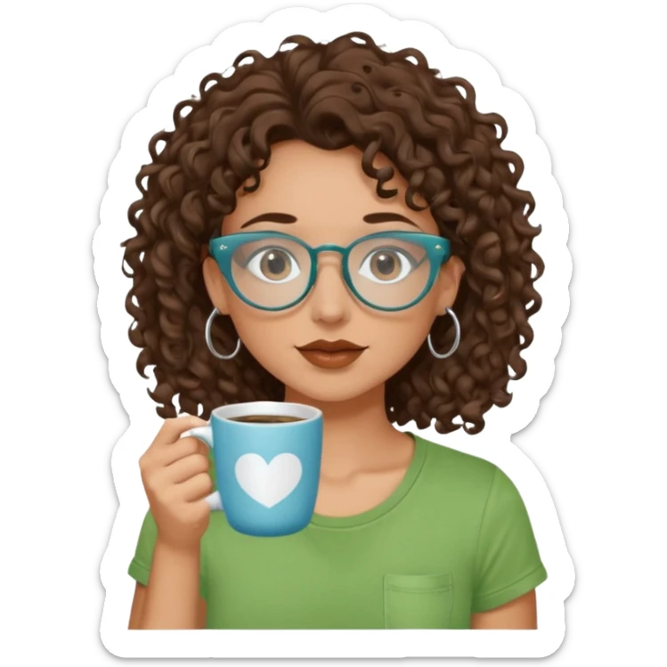 White girl with dark brown curly hair, brown eyes, sky blue glasses, nose piercing septum, green t shirt, drinking coffee from a cup sticker