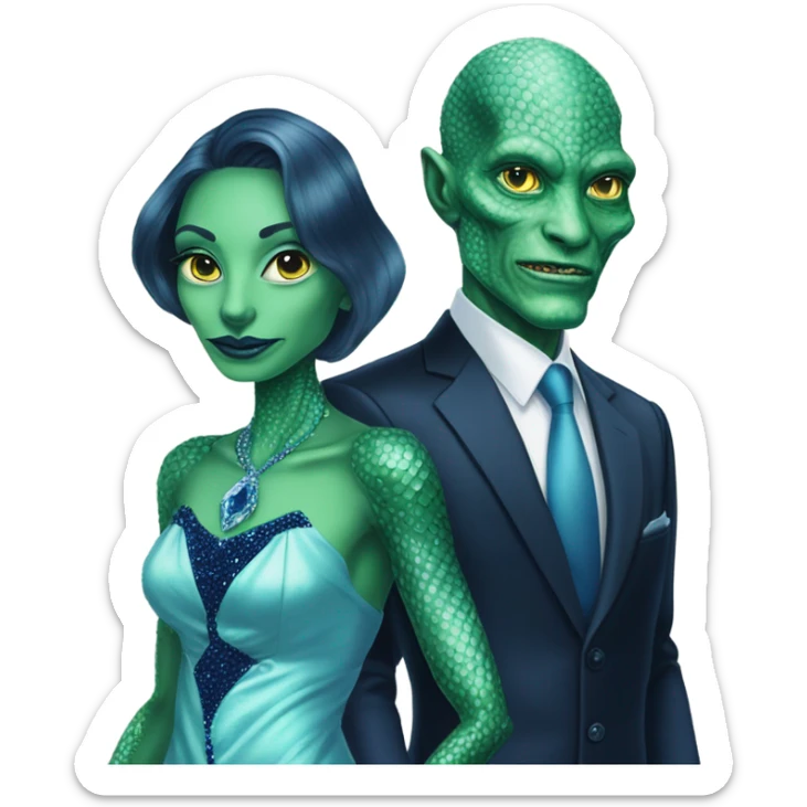reptilian alien green skin woman, in long slim pastel blue formal party satin dress with gradient shiny sparkling navy blue diamonds embroidered , and caucasian man in black dres sticker