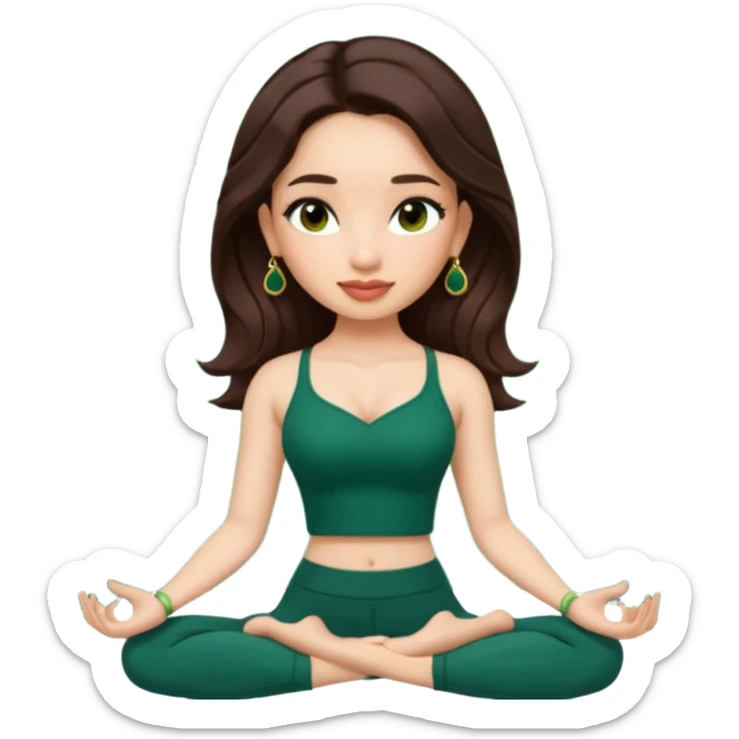 pretty bratz genmoji that looks like tamannah bhatia (bollywood actress), wearing a dark green sweetheart neckline top, dark brown hair, light makeup, no necklace, dangly earrings, side hair part, dark brown eyes, doing yoga sticker