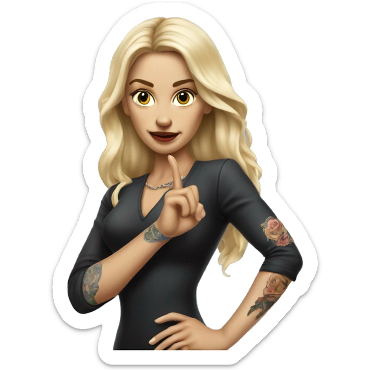 Blonde elegant women with LONG HAIR, her Body Covered with Tattoos, POINTING YOU FORWARD with her HAND with INDEX FINGER, Hyper realistic sticker