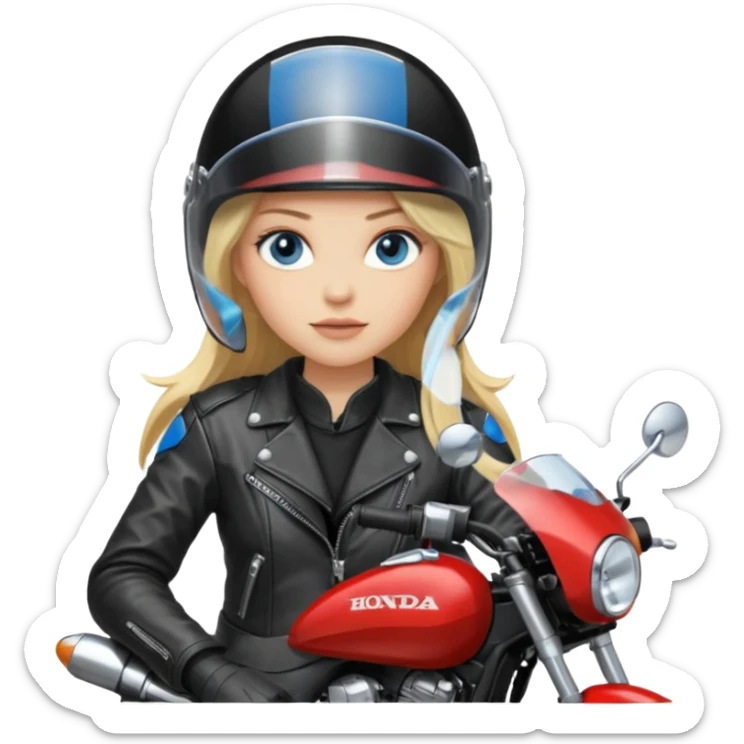 moça cabelo comprido loira de olho azul de capacete em uma moto honda preta  sticker