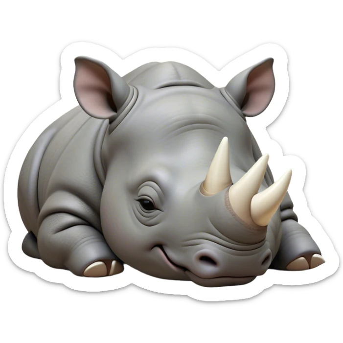 Meme-Worthy Cute Sleeping Rhinoceros Portrait Emoji, Head resting peacefully with a contented smile, showcasing a massive, robust build and a luxuriously soft slate-gray hide, accented by a gentle white horn, eyes shut in a serene, restful nap, Simplified yet hilariously adorable features, highly detailed, glowing with a soft, drowsy light, high shine, relaxed and utterly lovable, stylized with an air of playful laziness, bright and heartwarming, soft glowing outline, capturing the essence of a comically sleepy rhinoceros, so meme-worthy it feels like it could instantly become the next viral sensation of adorable slumber! sticker