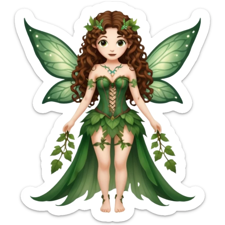full body woman long curly brown hair brown eyes white skin tattoos dressed as glowing forest fairy with translucent wings and vine corset sticker