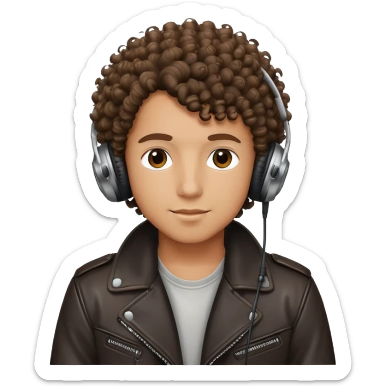 curly haired boy wearing a leather jacket and headphones music producer sticker
