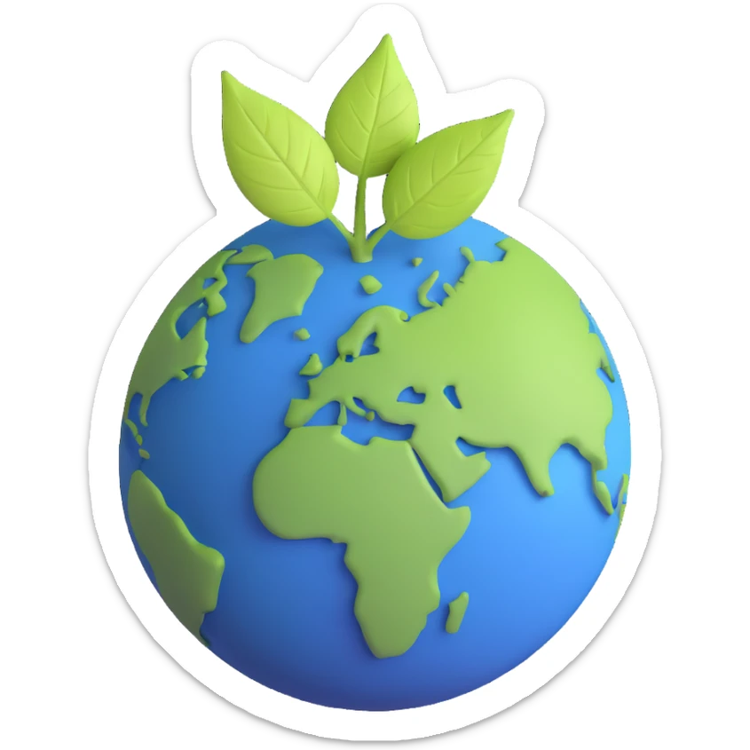 A single green leaf resting gently on top of a vibrant, round Earth globe. The focus is on the leaf and the globe with a simple background and soft natural lighting sticker