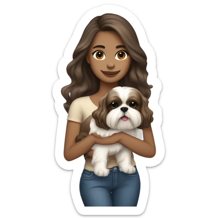 Young brunette hair woman with a cream shih tzu in her arms long wavy hair sticker