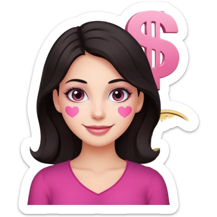 fair-skinned woman with dark hair, dollar sign ($) eyes, smiling, pink brush sticker