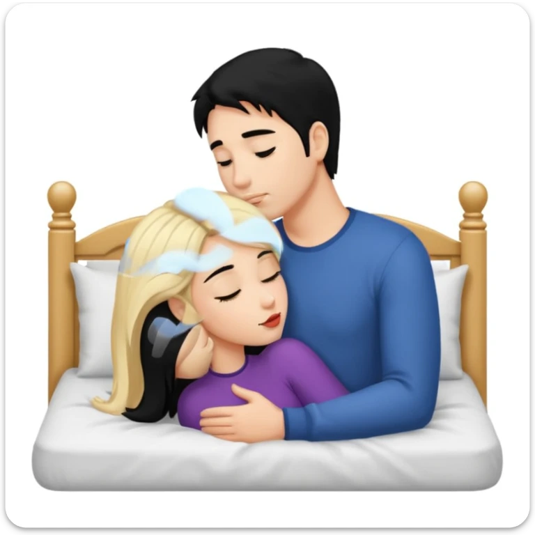 Naked man, black hair, kissing naked Woman, blonde hair, bed,  sticker