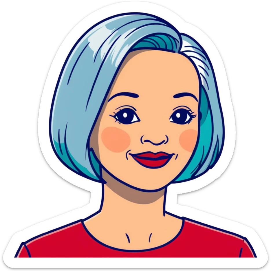 Elegant older woman with silver-gray bob haircut, light skin, almond eyes, red lipstick, red blouse, sophisticated warm smile sticker