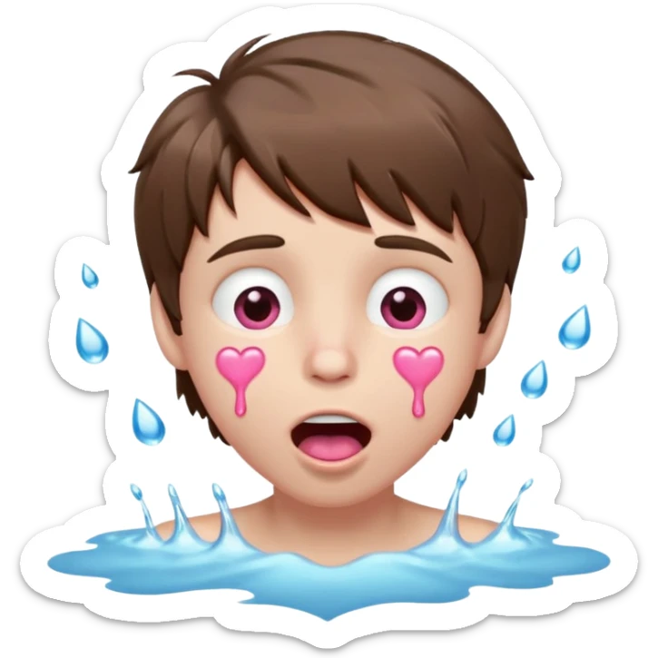 Pale Boy with shaggy brown hair, pink heart shaped eyes looking up , mouth open , water drop dripping from lips, hands on face  sticker