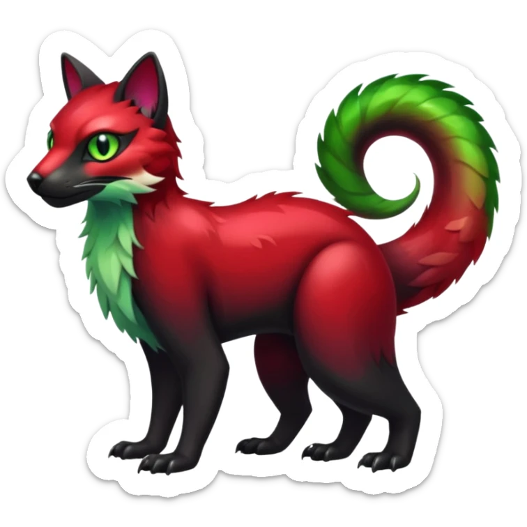 Colorful dark tropical sanguine-red, black, white fur, with green eyes, iridescent glorious divine exotic cute cool beautiful shiny beautiful fantasy-caracal-civet-genet-sergal-vernid-Cacomistle-oncilla-animal-Fakémon-hybrid-fursona with pattern markings (full body) sticker