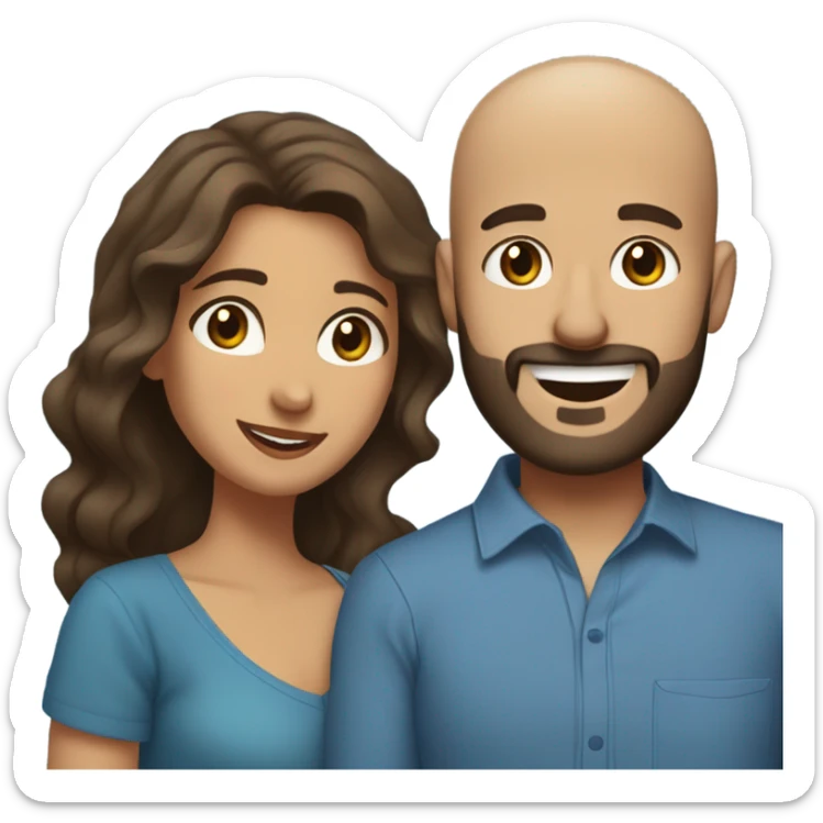 Brown-haired Puerto Rican woman with dark brown eyes wearing a cute blue blouse giving comforting hug to short, bald man with brown eyes, laugh lines, and a beard sticker