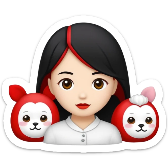 Buatkan seorang gadis berkulit putih, rambut hitam pendek, bibir pink yang manis, mata yang indah, dengan gaun pink berpita, sambil memegang boneka kelinci manis sticker