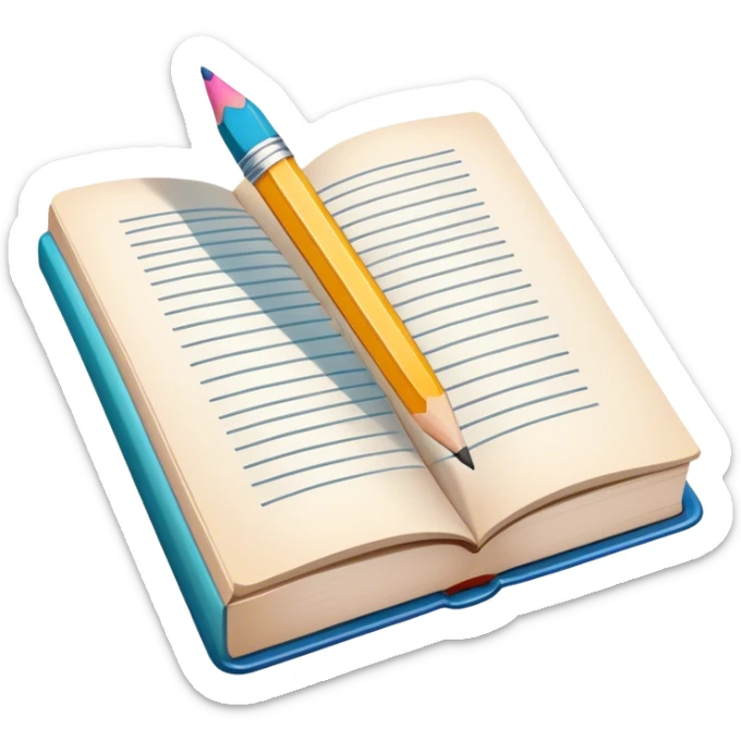 Illustration icon, pencil and paintbrush under illustrated page of book, colorful sketch, simple lines, minimalistic style, transparent background. sticker