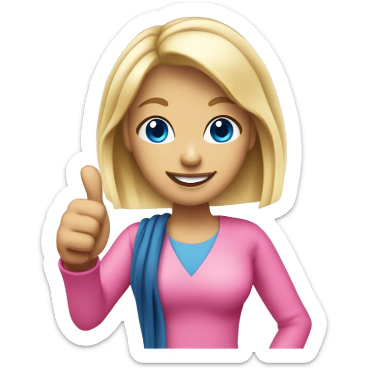 Attractive blonde blue eyed woman giving thumbs up wearing pink sticker