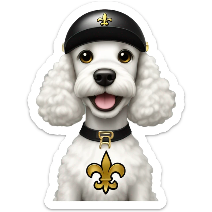 White poodle wearing a black football helmet with gold stripe and gold fleur de lis emblem sticker