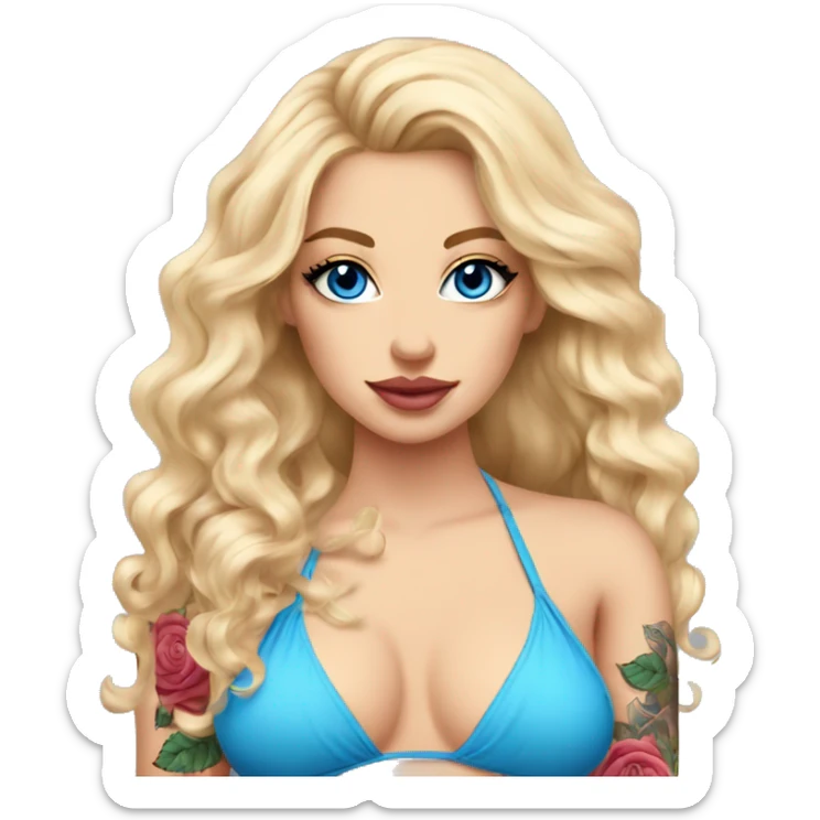 blonde woman. pink rose bikini. wavy long hair. tattoos. blue eyes, rose lips sticker