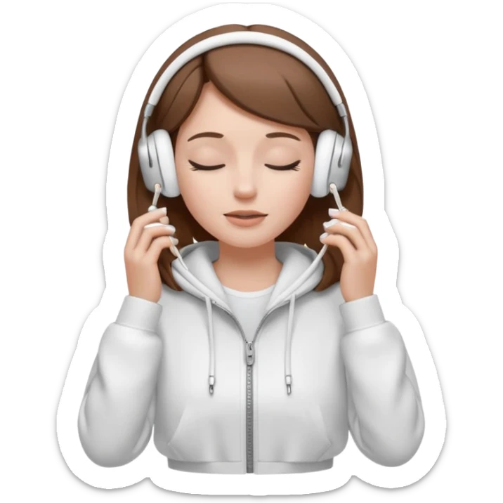A clean, minimal emoji-style illustration of a white girl with brown hair worn loose. Her eyes are closed while listening to music with silver AirPods Max. She’s wearing a white zip-up hoodie. Smooth 3D emoji style, soft lighting, neutral tones. sticker