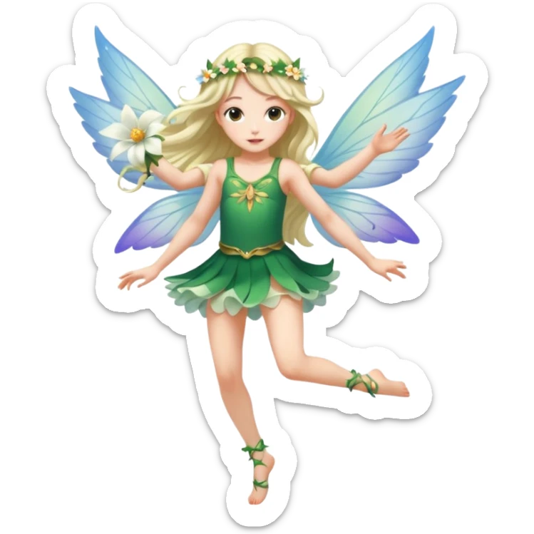 A winged flower fairy white skin girl, wearing a short skirt, one leg straight and the other bent, her body tilted, in a flying pose. sticker