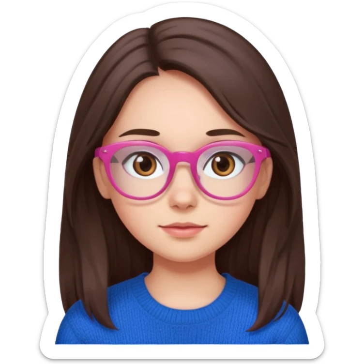 brunette girl whit blue sweater, long hair, brown eyes, pink eyeglasses  sticker