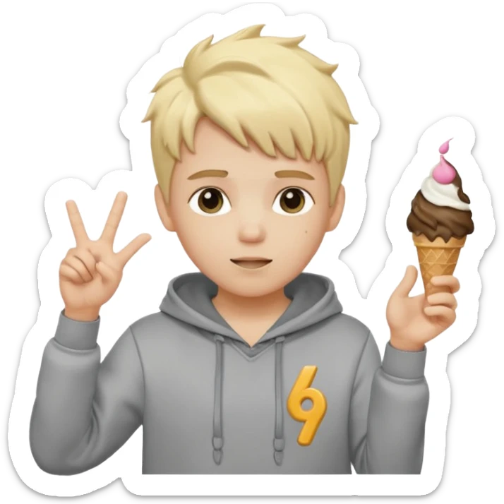 a white kid with a ice cream hairstyle blone hair with a grey hoodie and his above his hands saying 67 one 6 on 1 hand 7 on the other sticker