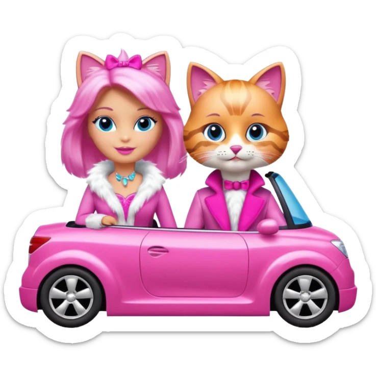Barbie cat and Ken cat, with distinct cat faces and fur, wearing costumes, in a pink convertible sticker
