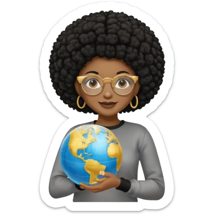 a young woman wearing gold round glasses and black afro hair, she has light black skin, she's wearing a professional sweater and she's holding a globe in her hand sticker