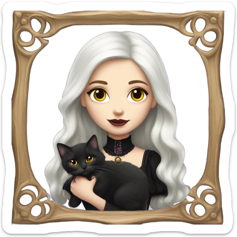 Pretty portrait of White girl with Long magenta Hair. Soft gothic make up and gothic dress. Holding her golden british longhair kitten. sticker