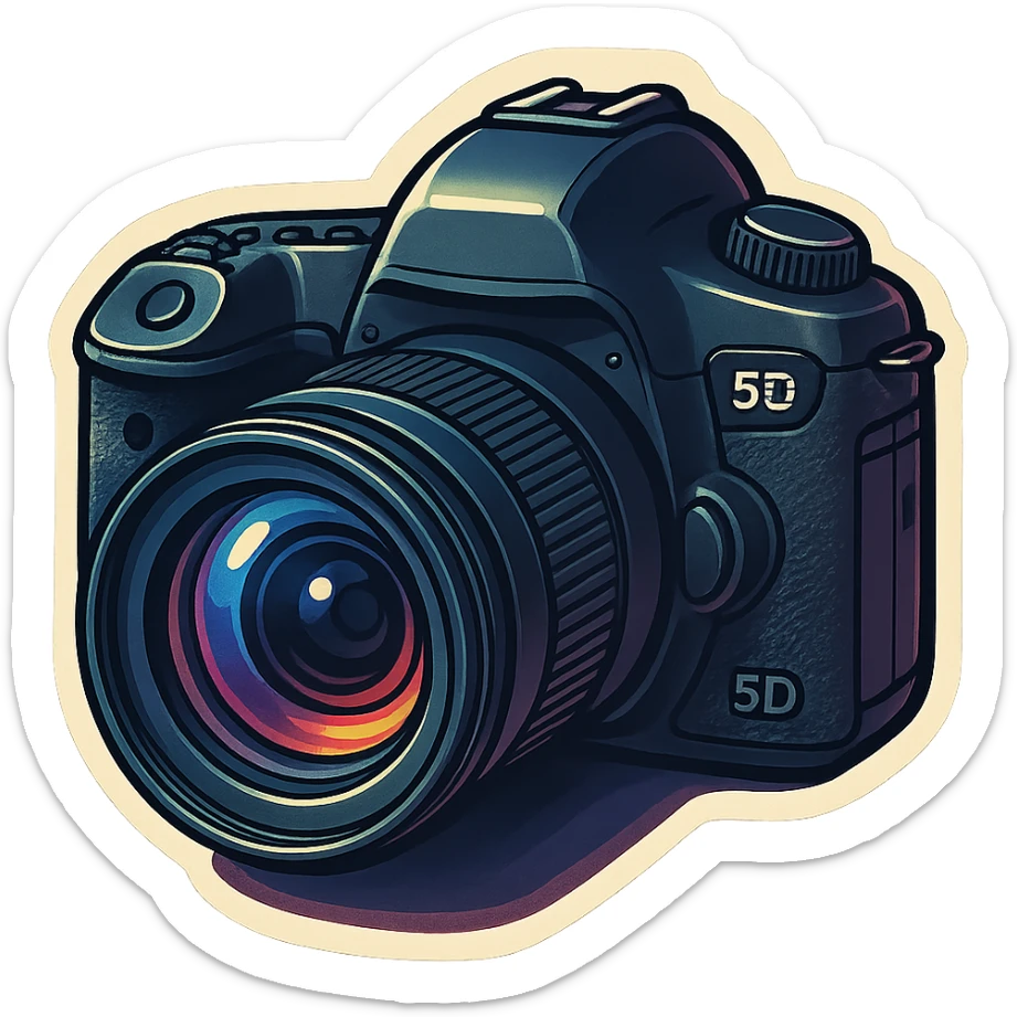 retro sticker style illustration of a classic DSLR camera inspired by Canon 5D Mark III, bold outlines, glossy highlights, dramatic shadows, emphasize lens and body details, fun sticker-like style sticker