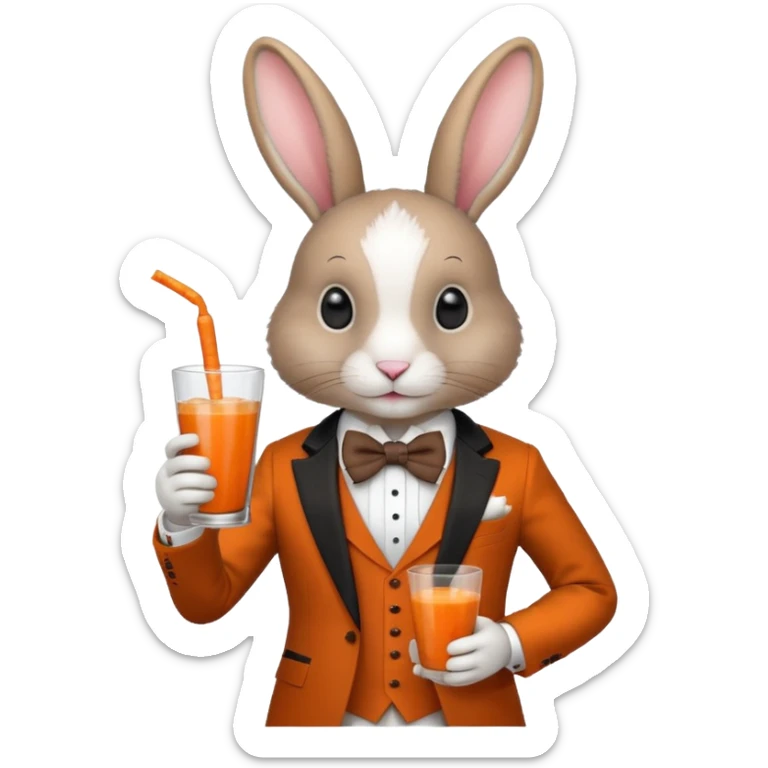 rabbit wearing suit, bowtie and top hat, holding glass of carrot juice sticker