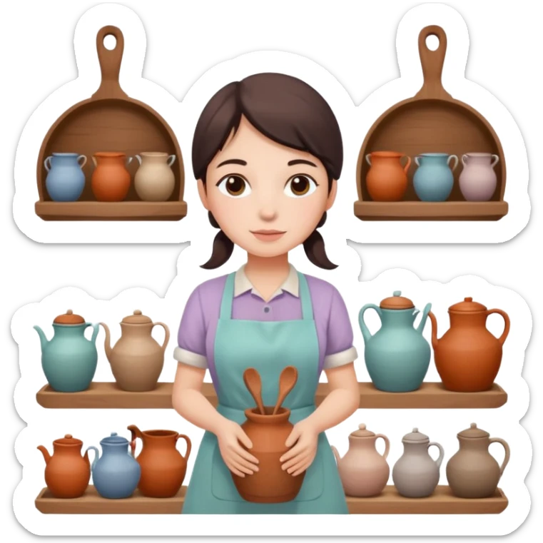 cartoon Apple iOS emoji style woman, pastel colors, Chilean wooden kitchen background, clay pots, warm light, detailed and clean vector art sticker