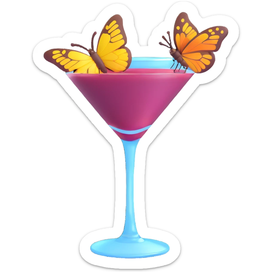 3D emoji style cocktail glass with burgundy drink and a butterfly perched on the rim sticker