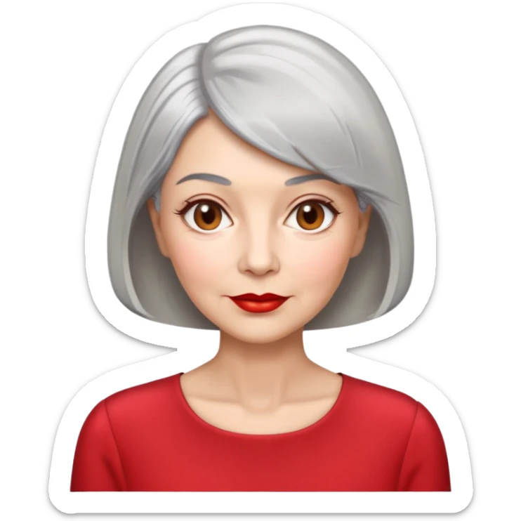 Elegant senior woman with silver-gray bob haircut, light skin, almond-shaped hazel eyes, red lipstick, wearing a red blouse, sophisticated expression sticker