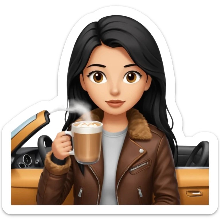 Tanned Girl with lashes , bright black long hair, in an extremely big fluffy brown mustang, and drinking hot chocolate drink sticker