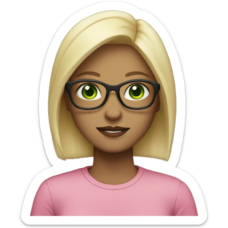 female, blonde, black rimmed glasses, green eyes, pink shirt sticker