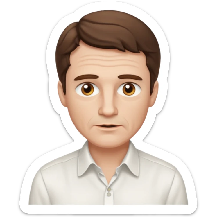 create an emoji of a man with wrinkles. he has an English gentleman look, ne beard no moustache with short wavy brown hair, brown eyes, pale skin, natural lips. he wears a white shirt sticker