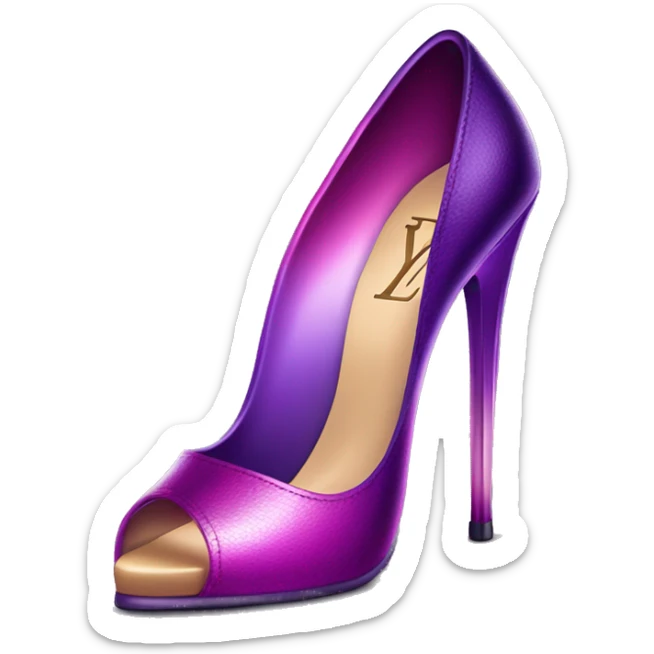 Realistic isolated pair of metallic magenta to purple ombre Louis Vuitton high heel stiletto shoes. sticker