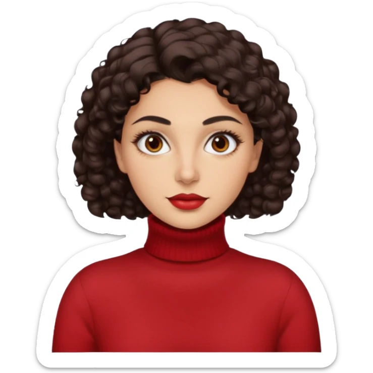30 yr iranian woman dark brown hair curly wavy short hair, red turtle neck sweater, very thick eyebrows, light skin sticker