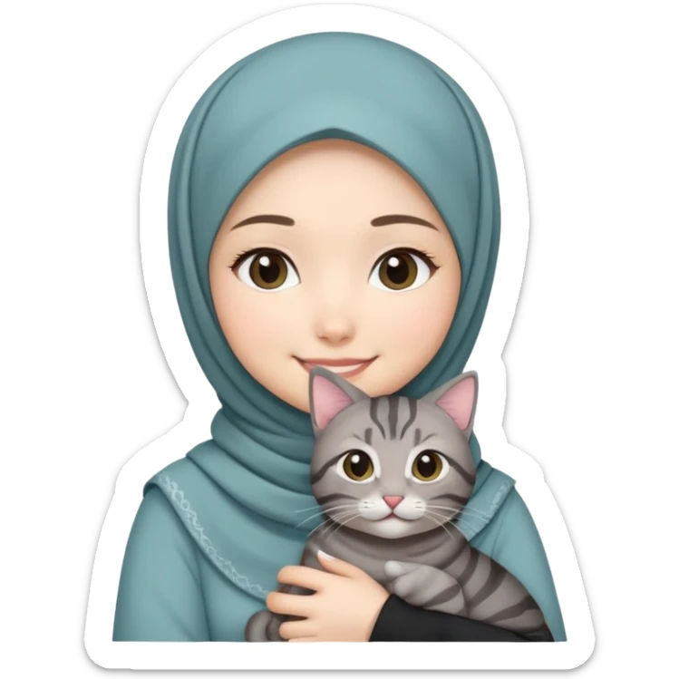Asian White girl wearing cute hijab holding a black grey tabby cat while smiling.  sticker