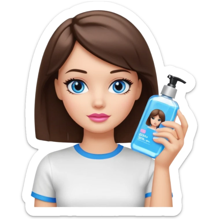 Barbie girl with makeup, blue eyes , and bob long haircut, short brown hair in white T-shirt, face gel in hand sticker