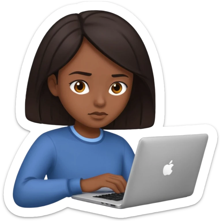 The central figure is an emoji of a person with dark hair with laptop sticker