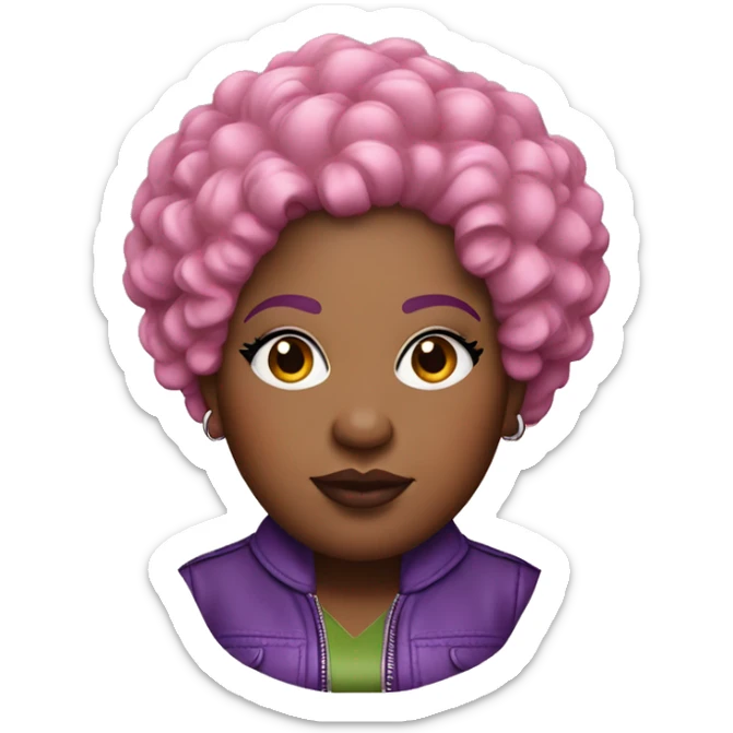 Plus size black woman with very short pink curly hair and a purple leather jacket with makeup on face. sticker