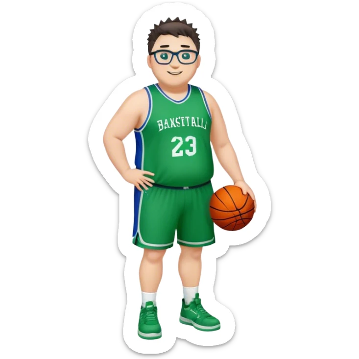 Full Body overweight white male with dark short spike hair basketball player wearing glasses wearing blue green uniform smiling sticker