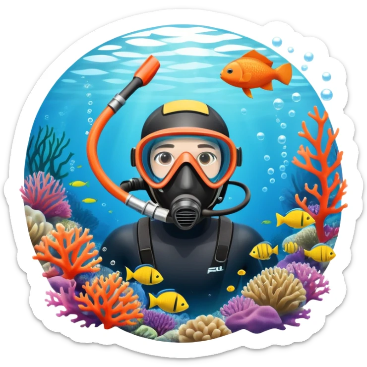 An icon featuring a close-up of a freediving mask and snorkel, with a breath-holding diver's fins, set against a vibrant underwater world. The design includes coral reefs, fish, and bubbles, symbolizing the serene beauty and thrill of freediving. Transparent background highlights the calm sticker